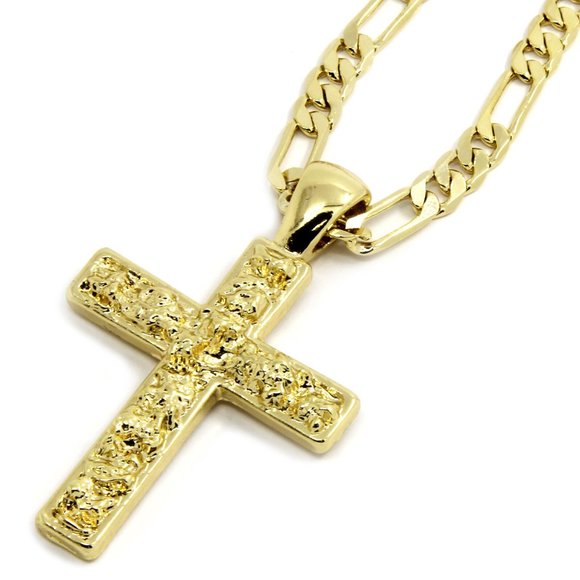 14k Gold Cross 24" Figaro Chain + Pendant - Picture 2 of 5